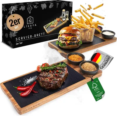 Obrázok produktu pre LIKAYA® Sada 2 servírovacích dosiek z agátového dreva, bridlicová doska a omáčky - grilovacia doska steaková doska darček