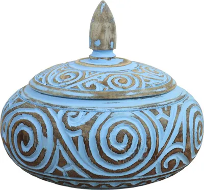 Produktbild von 2er Set Schatulle Dose Schale mit Deckel Box Palmenholz Holzbox Schnitzereien Shabby Used Look Blau 19 cm