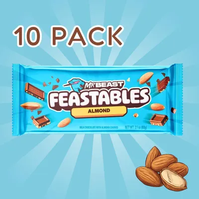 Produktbild von 10x Feastables MrBeast Schokolade – Almond Chocolate Riegel | 10x60g | Zarte Milchschokolade mit knackigen Mandeln +Heartforcards Versandschutz
