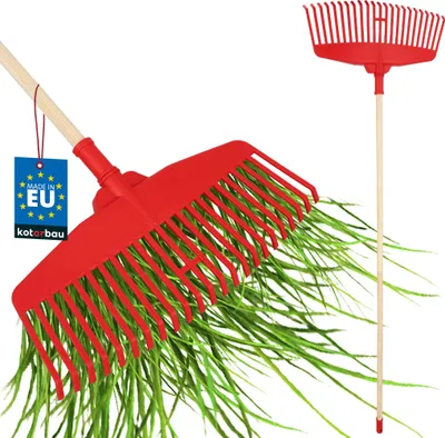 Obrázok produktu pre KOTARBAU® Hráble na lístie plastové 48 cm s drevenou násadou 1,5 m Extra Click hrabličky na seno Hrabličky na jesenné lístie a strihanie živých plotov Záhradné hrabličky plastové červené a prírodnej farby