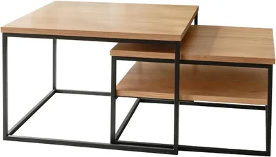 Produktbild von Couchtisch 2er-Set aus hochwertigem Eichenholz I Wohnzimmertisch aus Massivholz I Tisch Set aus Echtholz mit Ablage I Ausziehbarer Beistelltisch im Industrial Style
