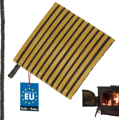 A product shot of fireplace sealing tape with a label and a partial view of a fireplace.