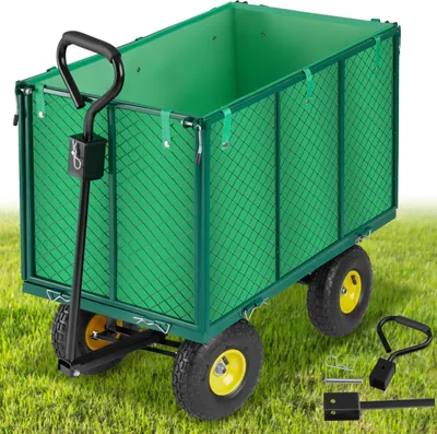 A green garden cart with black handle and yellow wheels sits on a grassy lawn.
