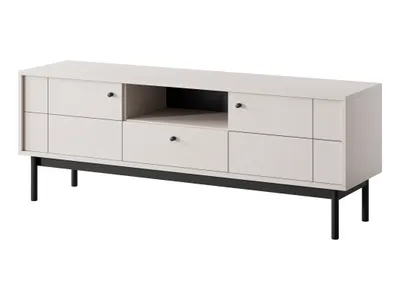 Image de Meuble TV avec tiroir et portes - Cachemire, pieds en bois noir - 153,5 x 56,5 x 39 cm - style Japandi