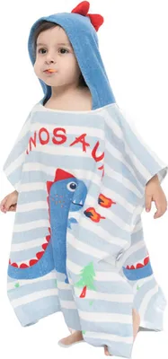 Obrázek produktu pro Dětská osuška s kapucí 100% bavlna, velmi měkká a roztomilá na cesty, do vany, na pláž a k bazénu, pruhovaný dinosaurus