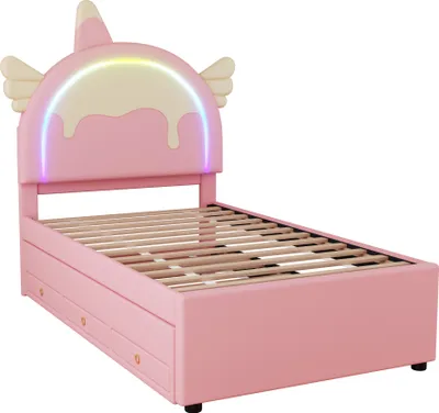 Immagine prodotto di Letto per bambini Sweiko 90x200cm, a forma di unicorno, dotato di letto estraibile, materiale PU, rosa