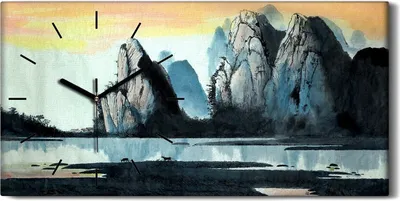 Produktbild von Wanduhr Bürouhr Leinwand Bild 60x30 Chinesische Landschaft Berg und Fluss - schwarze Hände