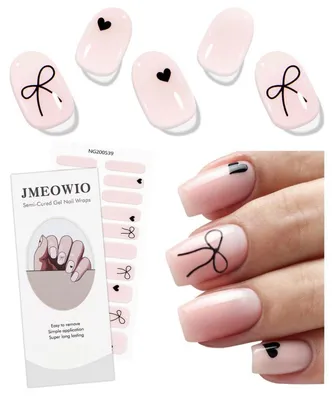 Immagine prodotto di Foglietti adesivi per unghie in gel, con motivo a fiocco e cuore neri, autoadesivi, indurenti con luce UV, confezione da 20 pezzi