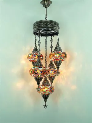 Image de Suspension turque à 5 lumières en verre mosaïque multicolore – plafonnier oriental avec 5 boules en verre colorées