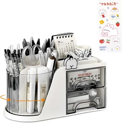 Imagen del producto de Organizador de escritorio giratorio, con 5 compartimentos, gran capacidad, giratorio 360°, ideal para bolígrafos