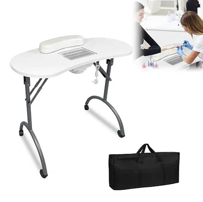 Image de Table manucure pliable, table à ongles avec aspiration, table de manucure pour salon de beauté, mobile sur roulettes, avec repose-main, tiroir et sac de rangement (blanc)