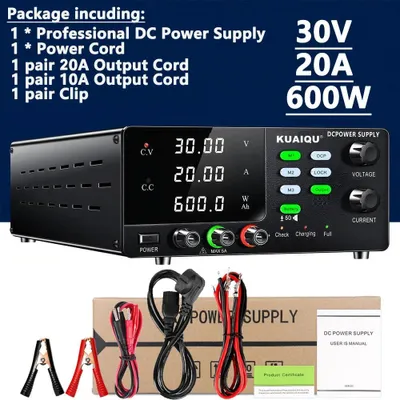 Image de Alimentation CC - Alimentation de laboratoire réglable - 0 à 30 V, 0 à 20 A, 600 W - Sortie unique régulée - Charge rapide des batteries - Prise secteur 220 V, type EU