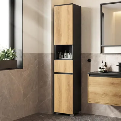 Produktbild von VASAGLE Badschrank, Badezimmermöbel mit Schublade, verstellbare Ablagen, offenes Fach, 30 x 30 x 170,2 cm, schwarz-braun