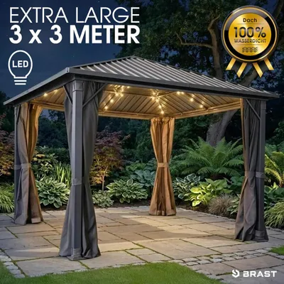 Produktbild von BRAST Pavillon Aluminium Miami | Größen 3x3m 3x4m 4x4m | viele Modelle | Hardtop mit Stahlach | wahlweise mit LEDs | Moskitonetz | Anthrazit | wasserdicht | UV-Schutz | 3x3m inkl. LEDs