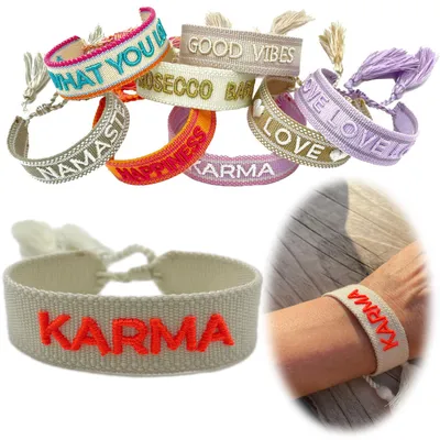 Produktbild von LS-LebenStil Canvas Statement Armband Karma Beige Neon besticktes Stoffarmband gewebt textiles Quasten Spruch Boho Geschenk Freundschaftsarmband