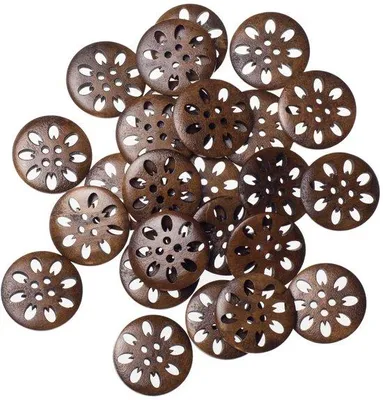 Produktbild von 25 Holzknöpfe, Holzknöpfe (4 Löcher), Motiv: Blume, Farbe: braun glasiert, Durchmesser: 2,5 cm