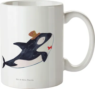 Produktbild von Mr. & Mrs. Panda Tasse Orca Zylinder - Weiß - Geschenk, Kaffeetasse, Glückwunsch, Henkelbecher, Meer, Kaffeebecher, Konfetti, Narwal, Trinkbecher, mit Spruch, Fest, Fete