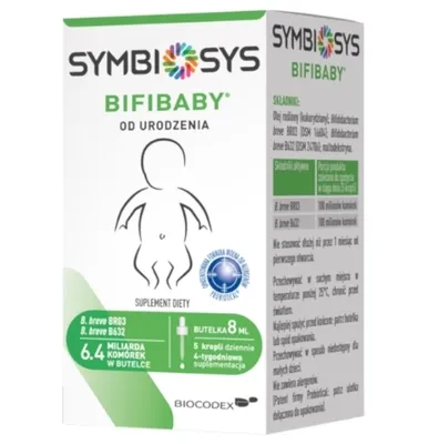 A product box for Symbiosys Bifibaby probiotic drops for infants.