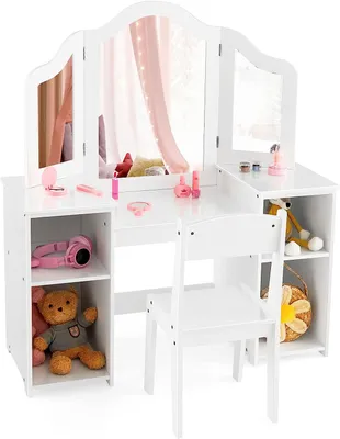 Produktbild von GOPLUS Kinder Schminktisch mit Stuhl, Prinzessin Frisiertisch mit mit abnehmbarem Spiegel, Kosmetiktisch Holz mit Hocker, Weiß