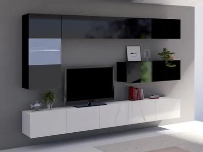 Produktbild von Wohnwand CALABRINI-4 Wohnzimmer-Set Hängewohnwand Schrankwand mit LED-Beleuchtung TV-Schrank Vitrine Moderne Anbauwand Hochglanz (Schwarz + Weiß)