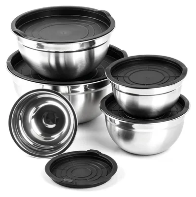 Produktbild von 5er Rührschüssel Set Edelstahl mit Deckel 4,5; 2,7; 1,6; 1,1 & 0,7 Liter stapelbar spülmaschinenfest