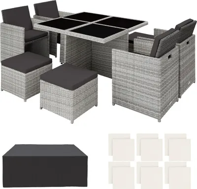 Image de Salon de jardin MANHATTAN 8 places avec 2 sets de housses + housse de protection, variante 2 - gris clair