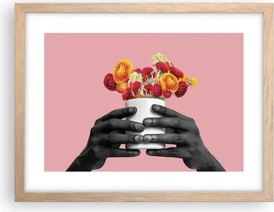 Produktbild von Gerahmtes Poster - Rahmen in heller Eiche - Schwarz Hände Blumen - 40x30 cm - Wand Bild - Wanddeko - Wandbilder - Kunstposter - Wandposter - Bilderrahmen - Bilder - Kunstdruck - P2NAA40x30-4706