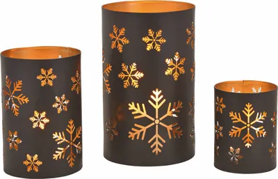 Produktbild von Windlicht 3er Set in schwarz - Motiv. SCHNEEFLOCKE - Metall / ca. 20, 15, 13 cm