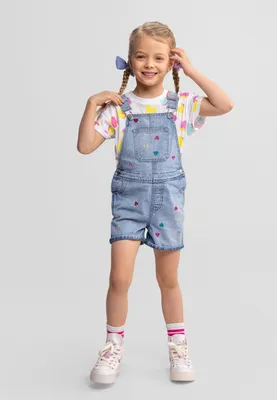 Produktbild von Minoti Mädchen Jeans Overall 100% Baumwolle Blau mit Herz-Stickerei - Kinder Latzhose kurz mit verstellbaren Trägern