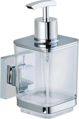 Image de Distributeur de savon Unyqoos® avec support mural – distributeur en plastique transparent, support en acier inoxydable, installation sans perçage, pompe à vide (force d'aspiration jusqu'à 33 kg), dimensions : 7,5 x 16 x 10 cm