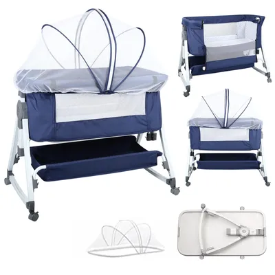 Produktbild von Babybett 6-stufig verstellbares Beistellbett mit Rollen &  Moskitonetz 91x50x116cm Marineblau