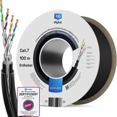 Produktbild von hb-digital CAT 7 Erdverlegekabel Doppelmantel S/FTP PVC + LLDPE AWG23 Außenbereich 100m