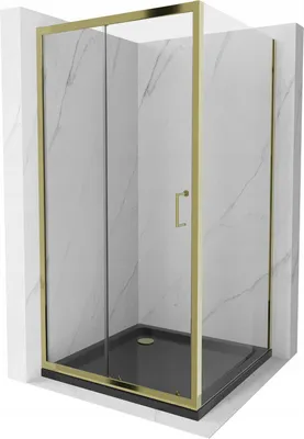 Produktbild von Mexen Apia ausziehbare Duschabtrennung 90 x 90 cm, Transparent, Gold + Duschwanne Flat, Schwarz - 840-090-090-50-00-4070G