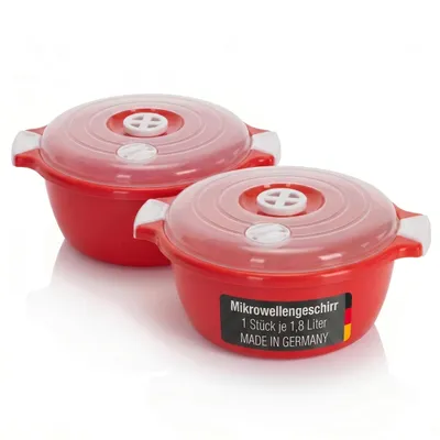 Produktbild von 2 Stück Set Mikrowellenschüssel mit Deckel und Dampfventil Volumen 1,8 Liter Mikrowellenbehälter Rot rund Mikrowellen Kühlschrank Picknick Schüssel