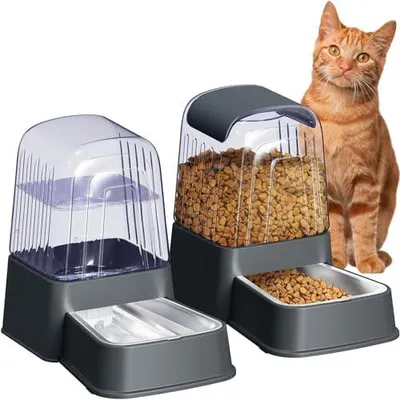 Produktbild von Automatisches Futter- und Wasserspender-Set für Hunde und Katzen, mit Edelstahlnäpfen, Schwerkraft-Haustierfutter- und Wasser-Futterspender, 100% BPA-frei, großes Fassungsvermögen für Katzen,