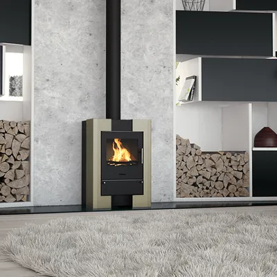 A modern living room with a fireplace and shelves.