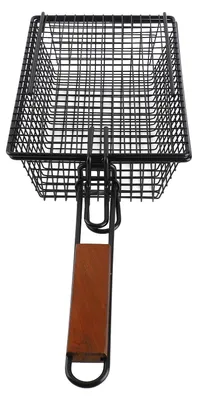 Image de Panier à grillades antiadhésif avec couvercle - Panier à barbecue en métal avec poignée en bois pliable et amovible - Accessoire de barbecue pour poisson, légumes, steak, viande et crevettes