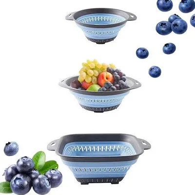 Image de Passoire alimentaire pliable en silicone, résistante à la chaleur, lot de 3 pièces, bleu