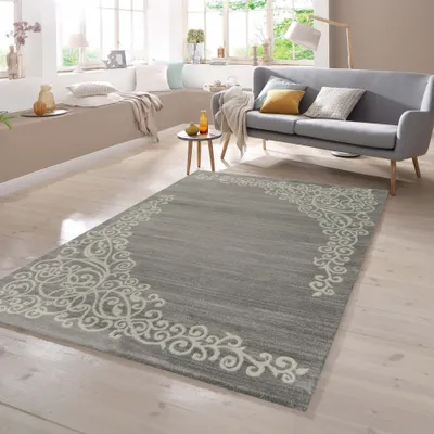 Produktbild von Moderner Teppich mit Floral Muster Meliert in Grau Creme Größe - 80 x 300 cm