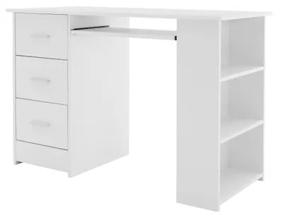 Produktbild von ML-Design Schreibtisch mit 3 Schubladen, 3 Regale und Tastaturauszug, 110x49x75 cm, Weiß, Stauraum, 3 Ablageflächen