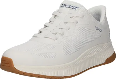 A white Skechers Bobs slip-on sneaker with a brown sole.
