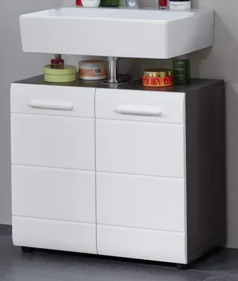 Produktbild von trendteam Koupelnová skříňka Line/Skin Sardegna Kouřově stříbrný melamin/bílý vysoký lesk Hluboká zásuvka 60 x 57 x 31 cm