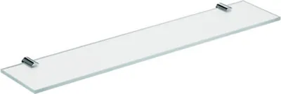 A clear product shot of a glass shelf with chrome brackets against a white background.