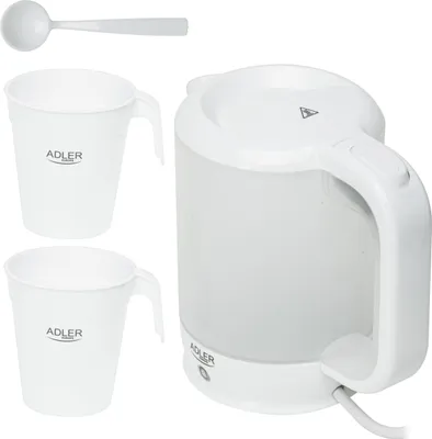 Produktbild von Adler AD 1381 Reise-Wasserkocher 0,5 L, mit Tassen & Löffel - Weiß