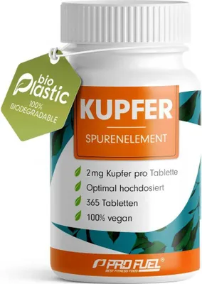 Produktbild von ProFuel Kupfer | 365 Tabletten | hochdosiert | 2 mg bioaktives Kupfer pro Tablette | Jahresvorrat | vegan