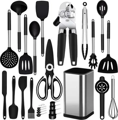 Produktbild von Famanu Küchenhelfer-Set, 26-teiliges Silikon-Küchenzubehör, hitzebeständig mit Halter, schwarz