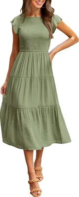 Produktbild von ASKSA Damen Elegant Kleid Maxikleid A-Linie Swing Boho Flatterärmel Kleider, Grün, M