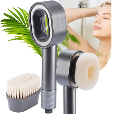 Produktbild von Hochwertiger 3-in-1 Duschkopf mit Bürste, Schwamm und Wasserspar Funktion - 2 x Premium-Wasserfilter - Wellness Brause für Ihr Spa-Erlebnis