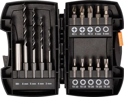 Produktbild von Projahn Bohrer Bit Box 15-tlg. Holzbohrer mit E 6.3 Schaft Ø 3, 4, 5, 6 mm Bits: PZ, TX