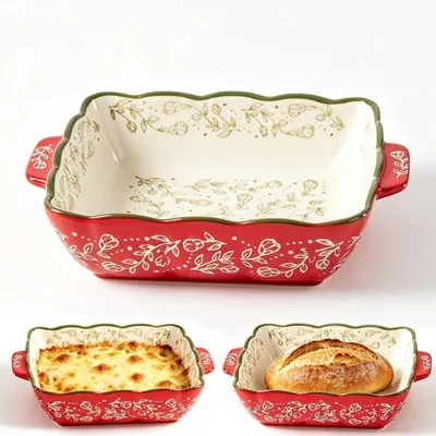 Produktbild von Auflaufform Keramik Rechteckig mit Griffen Retro Blumen Design 25x25x9cm Ofenfest Mikrowellengeeignet